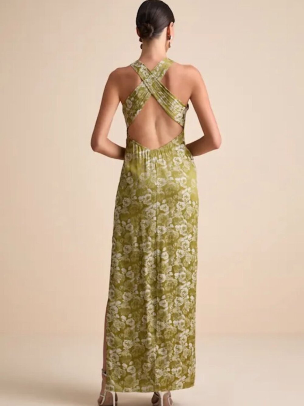 Lulus Lamila Chartreuse Floral Satin Column Maxi Dress Green - Size S - Picture 3 of 5